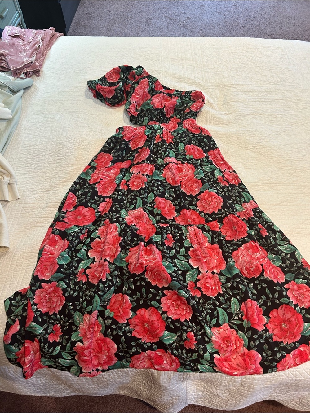 Moon River Black Maxi Dress with Pink Floral Print